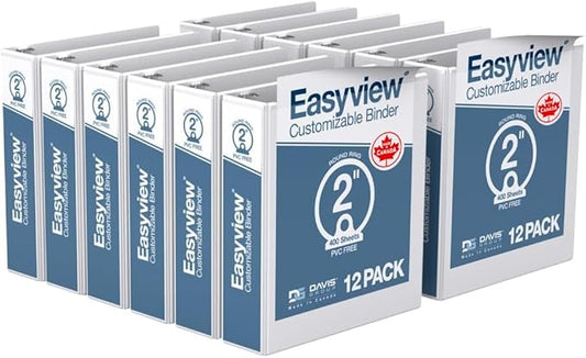Easyview Premium 2-Inch Binders with Clear-View Covers, 3-Ring Binders for School, Office, or Home, Colored Binder Notebooks, Pack of 12, Round Ring, White