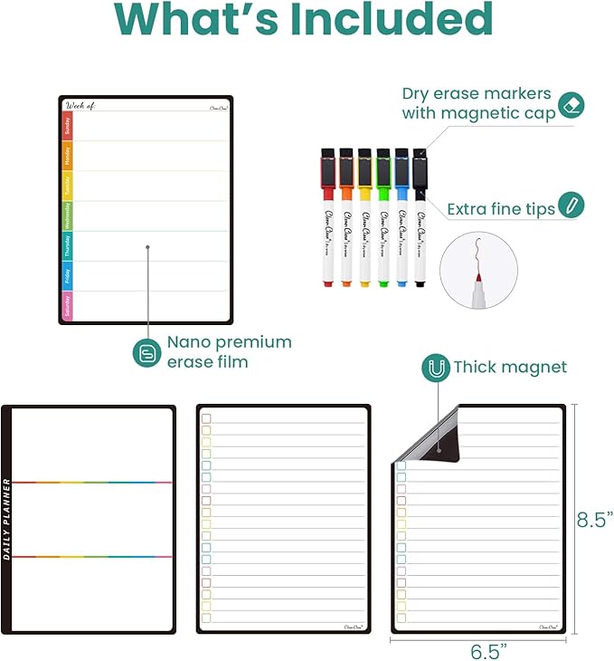 Magnetic Dry Erase List Board - 6.5"x8.5" Weekly, Daily, 2 List Boards for Fridge - 6 Extra Fine Point Markers Included - Shipped Flat