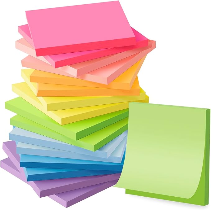 (16 Pack) Sticky Notes 3x3, Self-Stick Pads Bright Colors Sticky Note, Recyclable, Easy to Stick for Home, Office, Notebook