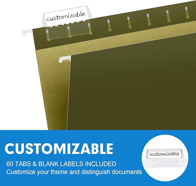 Extra Capacity Hanging File Folders, RAZCC 60 Pack Letter Size Reinforced Hanging Folders with Heavy Duty 3 Inch Expansion for Bulky Files, Filing Cabinet, Adjustable Tabs, Green