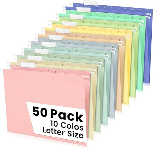 50-Pack Morandi Hanging File Folders, Letter Size with 55 Transparent Label Cards, 60 Sticker Labels,1/5-Cut Tabs–Home Office & Filing Cabinets