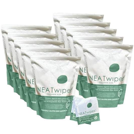 NEATwipes Hand Sanitizing Wipes | Travel Essentials | Disposable Wet Wipe & Planet Friendly | Cucumber Aloe Essential Oil | 10 Pouches of 24 Individually Wrapped Wipes