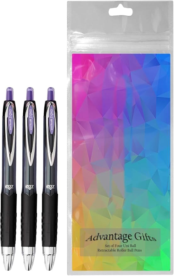 Signo 207 Roller Ball Retractable Gel Pens, Medium Point (0.7mm), Purple Ink, 3 Count, Bundle with Plastic Reusable Pouch