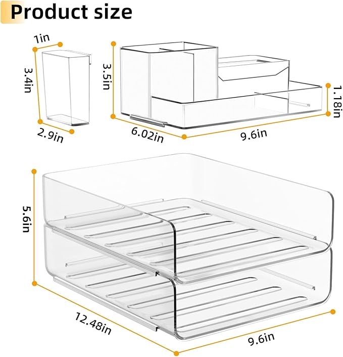 YKLSLH Paper Organizer Letter Tray - Acrylic Stackable Desk File Organizer with 5-Gird Tray and Pencil Holder, Clear Paper Sorter Office Organizer for Letter/A4, Office File Ipad Books Notes Etc