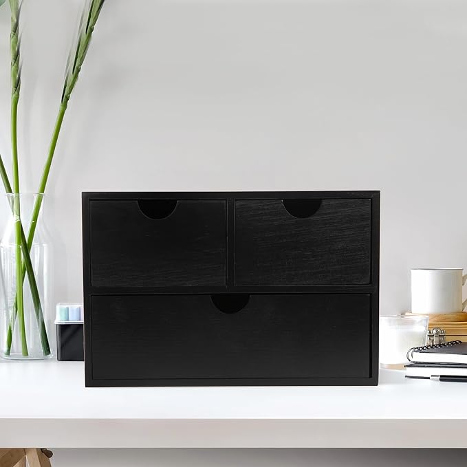 Rustic Distressed white 3-Tier Wood Desk Organizer with 3 Drawers Mini Storage Shelf, Toiletries Vanity Office Supplies (pitch-dark)