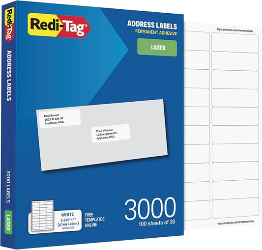 Redi-Tag Address Labels, Value Bulk Box, 3000 Blank (100 Sheets of 30), 1" x 2.625", for Laser Printers Only, Free Online Templates (1009572)
