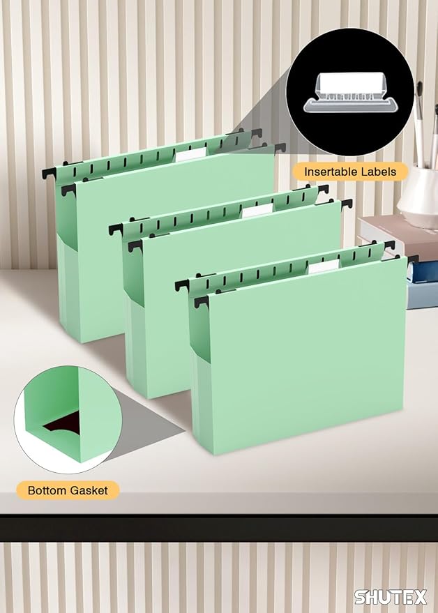 Extra Capacity Plastic Hanging File Folders, Hanging Folders, 12 Pack Reinforced Heavy Duty 2 Inch Expansion, Filing Cabinet Folders Letter Size for Bulk Files/Medical Charts(Sage Green)