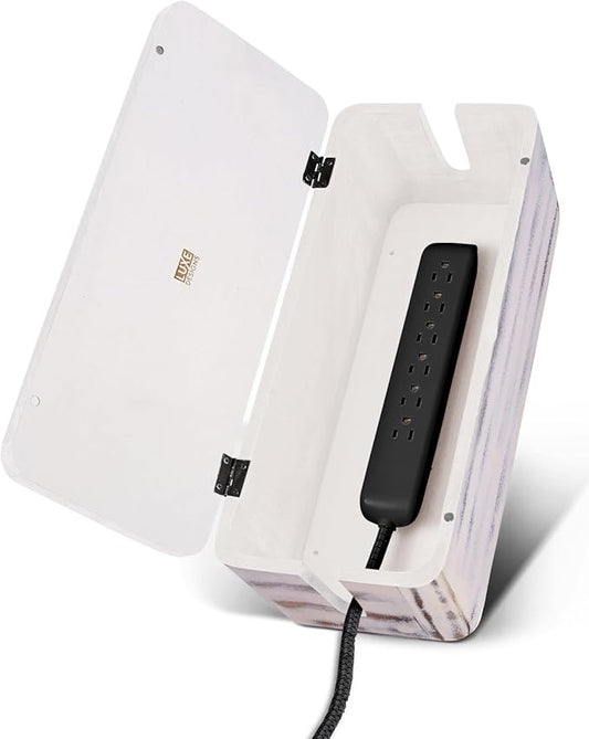 Rustic Cable Management Box & Cord Organizer- Cable Organizer for Desk, Home, Office. Hides Wires, Surge Protectors, Power Strips. Eco Friendly Mango Wood Cord Management Solution (Rustic White)