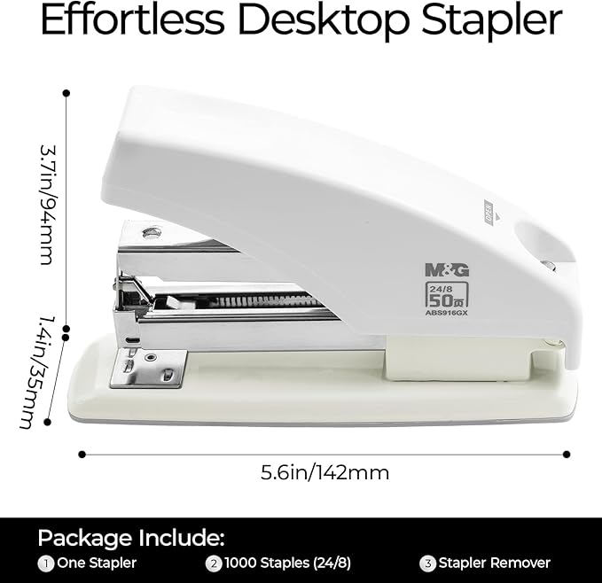 M&G Effortless Stapler for Desk, 50 Sheet Capacity, Heavy Duty Desktop Stapler with 1000 Staples & Staple Remover, One Finger Touch, Good for Office Home School, White