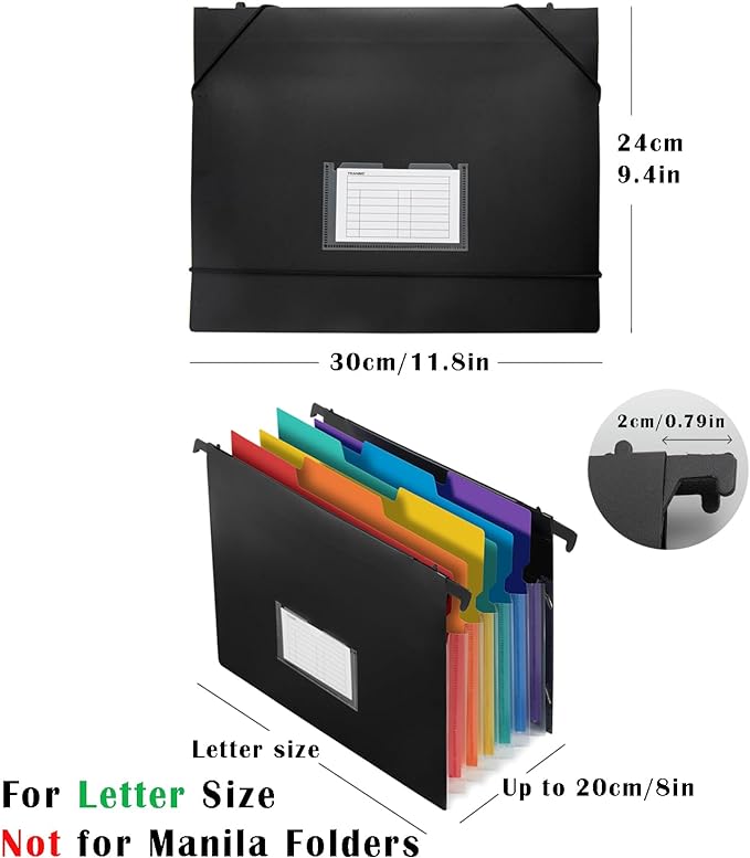 TRANBO 7-Pockets Hanging File Folder with Retractable Hooks for Filing Cabinet, Letter Size Expandable Accordion File Organizer with Elastic Band for File Frame or On-The-Go Use (3 Pack)