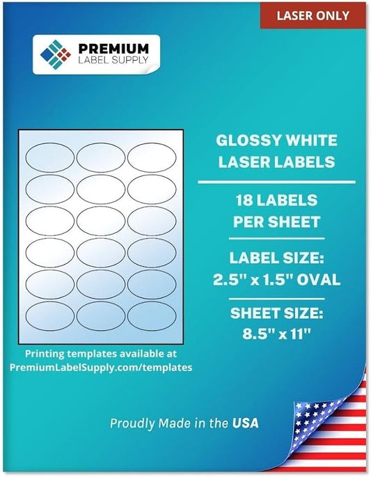 Premium Label Supply Glossy White Oval Sticker Labels – 2.5" x 1.5" Oval – (18 per Sheet) (Glossy White for Laser Only, 450 Labels)