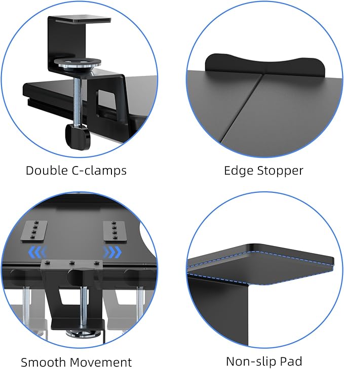 suptek Small Keyboard Tray Under Desk Pull Out with C Clamp Mount, Computer Keyboard & Mouse Tray, 20 (24.2 Including Clamps) x 11.8 inch Slide-Out Platform Computer Drawer for Typing, Black, DSF1S