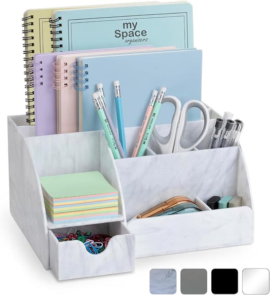 My Space Organizers Marble Desk Organizer For Office Supplies And Accessories - 9 Sections - Pencil Pen Holder Storage - Desktop Organization Decor Essentials (White Grey Marble)