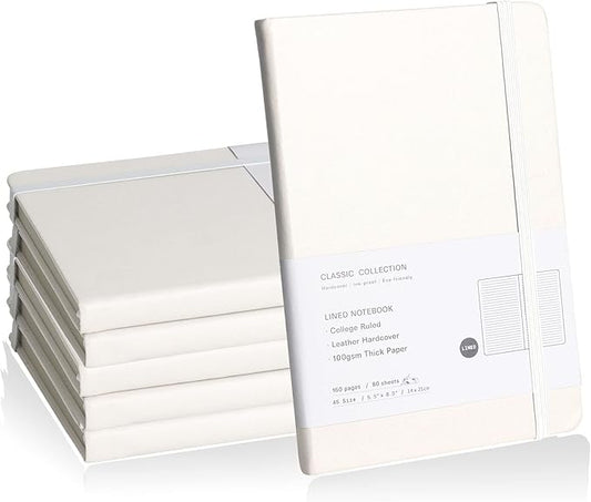 Lined Journal Notebook, 6Pack Hardcover Notebook for Men & Women – Journals for Writing, Work, School, Home & Daily Notes, 160 Pages – Medium A5, 5.7"x8", 100 gsm Thick Paper (White)
