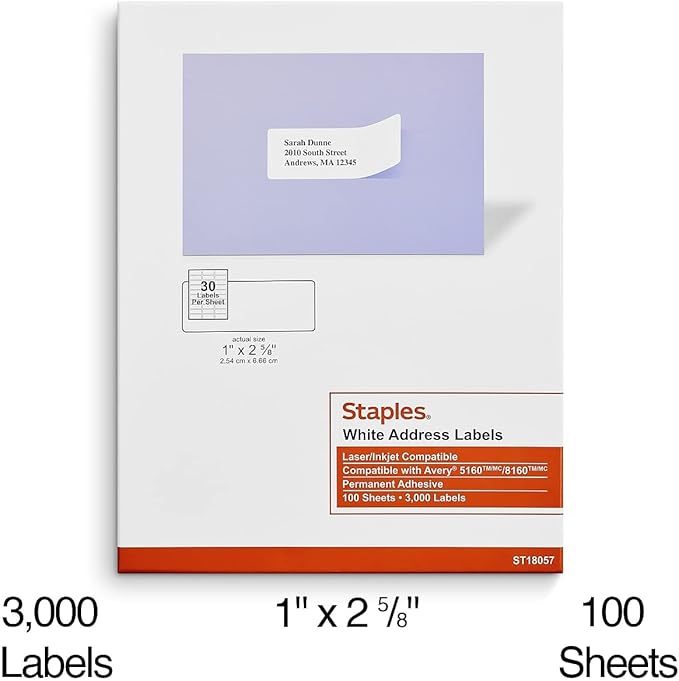 Staples Laser/Inkjet Address Labels, Easy-To-Peel Printable Sticker Paper, 1 x 2-5/8 Inch, 30 Labels Per Sheet, 100-Pack, White