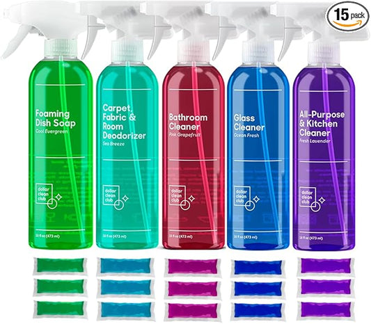 Complete Home Cleaning 15 Pack Kit, Kitchen, Bathroom, Carpet, Dish, and Glass Cleaner Refills