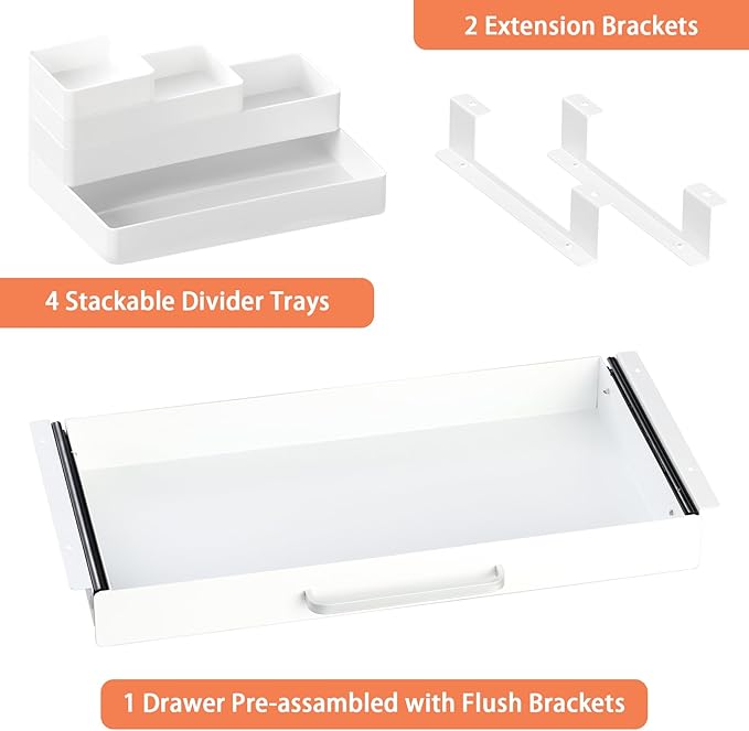 Under Desk Drawer White 21" with 4 Divider Trays, Under Shelf Pencil Drawer Pull-out, Standing Desk Metal Storage Attachment Slide Out for Workbench