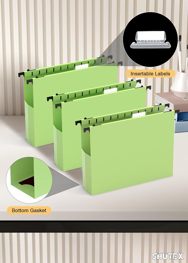 Extra Capacity Plastic Hanging File Folders,12 Pack Reinforced Hang Folder,Heavy Duty 2'' Expansion,Filing Cabinet Folders Letter Size with tabs for Bulk Files/Medical Charts(Mustard Green)