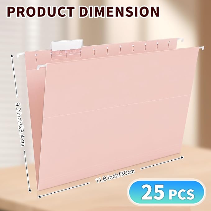 25-Pack Pink Hanging File Folders, Letter Size with 1/5-Cut Tabs, 35 Transparent Label Cards & 50 Sticker Labelsfor Home & Office Organization
