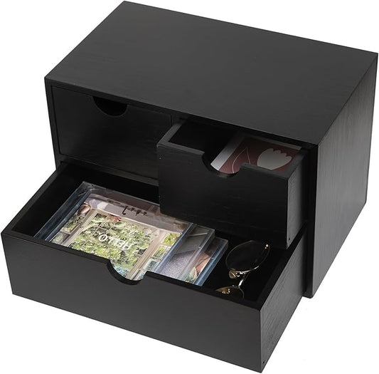 Rustic Distressed white 3-Tier Wood Desk Organizer with 3 Drawers Mini Storage Shelf, Toiletries Vanity Office Supplies (pitch-dark)