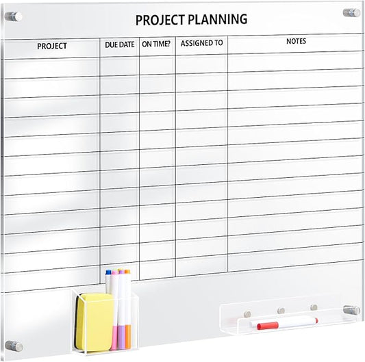 Lincia Acrylic Project Planning Whiteboard, 24 x 18 Inch Clear Wall Schedule Dry Erase Board with 8 Markers and Eraser, Whiteboard Planner with Lines for Home Office Project and Family Organization