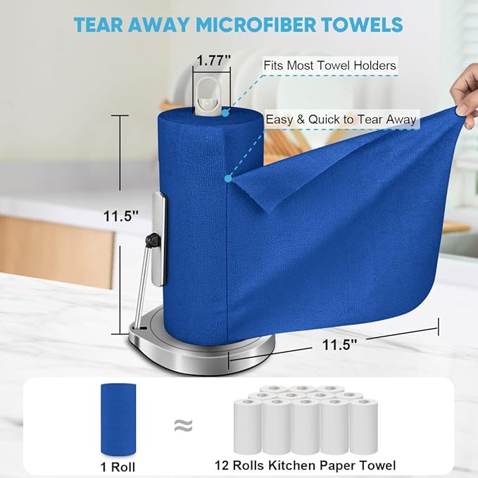 AIDEA Microfiber Cleaning Cloth Roll, 50PK, Reusable Paper Towels Tear Away Cloth, Microfiber Towels Washable Shop Rags, Lint Free Cleaning Rags for House, Kitchen, Window, 11.5"×11.5", Dark Blue