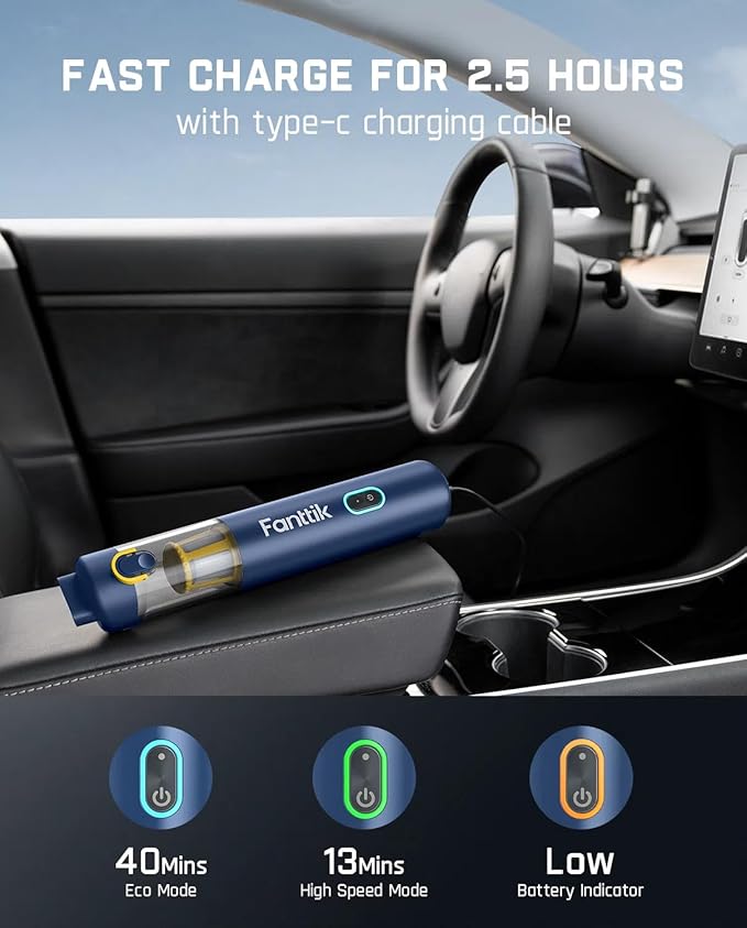 Fanttik Slim V8 APEX Car Vacuum, 4-in-1 Portable Mini Cordless Vacuum with 19000pa Suction Power, Type-C Charge, 2 Suction Modes, Handheld Vacuum for Small Jobs, Car, Office Desk, Keyboards (Blue)