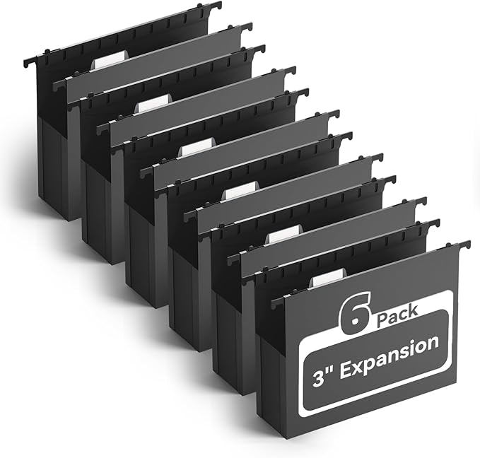 Plastic Hanging File Folders Letter Size,Heavy Duty 3 Inch Expansion Folder,6 Pack Reinforced Expanding File Folder,Extra Capacity Accordian Pocket,Black Hanging Folder Organizer for Home Office
