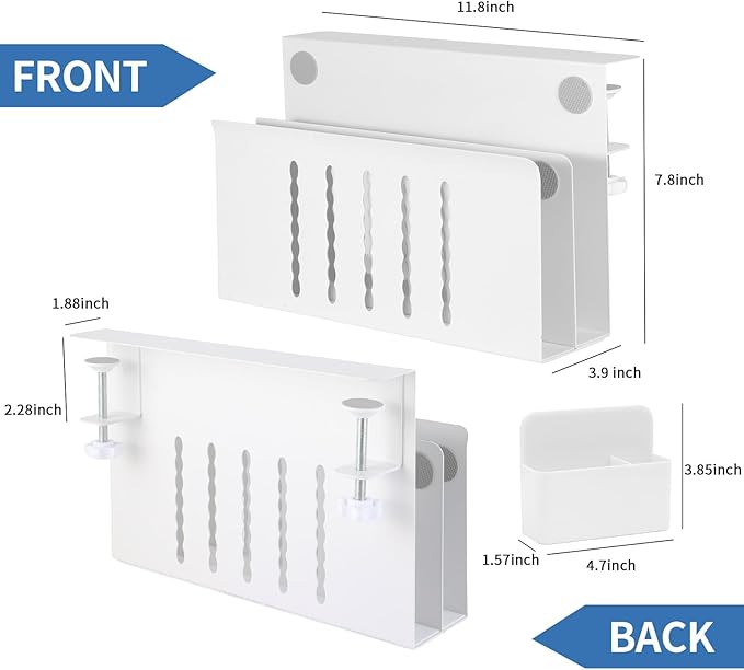 2 Tier Desk Side Storage, Under Desk Laptop Holder with Magnetic Pen Holder, Clamp on Table Organizer, No Drill Hanging Table Organizer for Office and Home Fits Flat Edge 0.3" to 2.3"