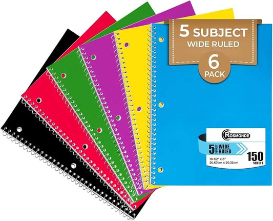 Rosmonde 5 Subject Notebook Wide Ruled, 6 Pack, 300 Pages (150 Sheets), 8 x 10-1/2", 5 Subject Spiral Notebook with Dividers, Thick Paper Fights Ink Bleed, 3 Hole Punched, Spiral Notebooks for School