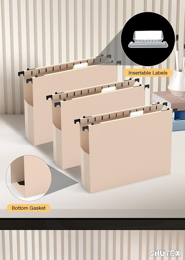 Extra Capacity Plastic Hanging File Folders,12 Pack Reinforced Hang Folder,Heavy Duty 2 Inch Expansion,Filing Cabinet Folders Letter Size for Bulk Files/Medical Charts(Light Beige)