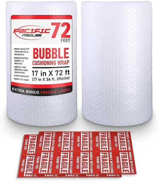 Bubble Cushioning Wrap Pacific Mailer 5/16 Inch x 17 Inch x 72Feet Total [2 Rolls of 36 Feet] Bubble Cushioning Wrap for Packing Moving Supplies Perforated Every 12"