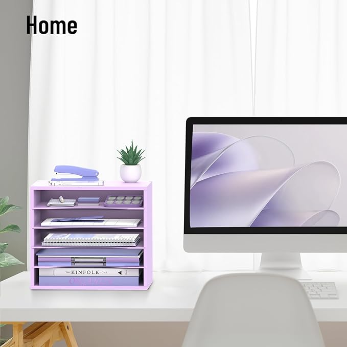 5-Tier Wood Desk Organizer, Paper Tray Organizer for Desk with Adjustable Storage Shelves, Desktop File Organization Paper Sorter Mail Holder for Office Home Classroom, Purple