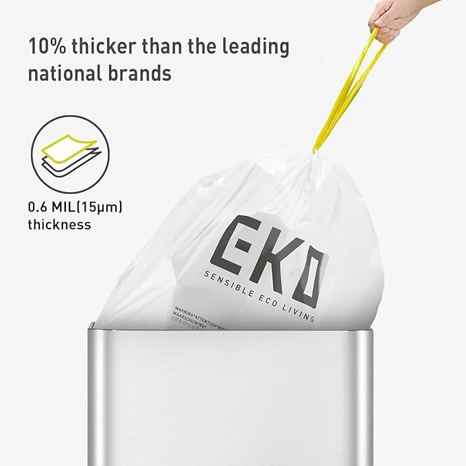 EKO 4 Gallon / 10-15 Liter, 80 Count Small Drawstring Trash Bags, Extra-Strong Unscented Garbage Bags, Easy-Dispense Roll for Kitchen & Household Use, Resists Tears, Leaks and Punctures, Code C, White