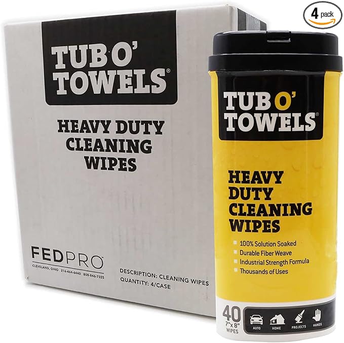Tub O' Towels Heavy-Duty Multi-Surface Cleaning Wipes, 7" x 8", 40 Count Canister, Removes Grease, Grime, Tough Stains, Durable Disposable White Wipes for Home, Garage, Outdoor Cleaning Tasks, 4-Pack