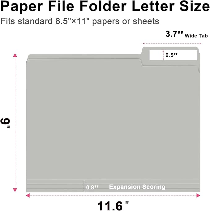 File Folder, RAZCC 100 Pack 1/3 Cut Tab File Folders Letter Size, Grey, Folders with Tab, Great for Organizing and Easy File Storage