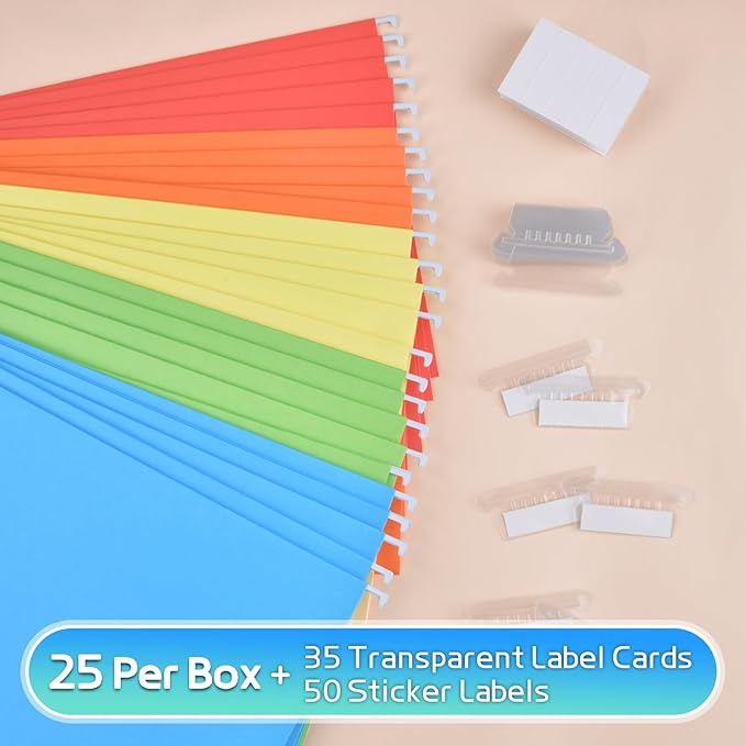 25-Pack Assorted Hanging File Folders,Letter Size with 35 Transparent Label Cards,50 Sticker Labels,1/5-Cut Tabs–Home Office & Filing Cabinets