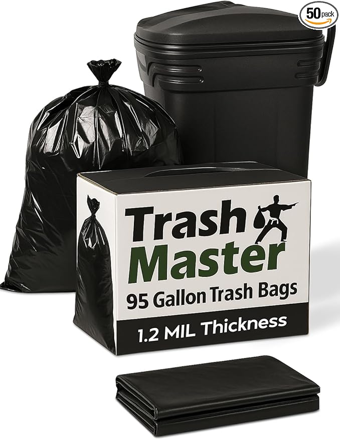 95 Gallon Heavy Duty Trash Bags | 25 Bags w/Ties | Super Large Garbage bags | 1.5 MIL Thickness for Yard, Home and Office Cleanup Disposal - TrashMaster (50)