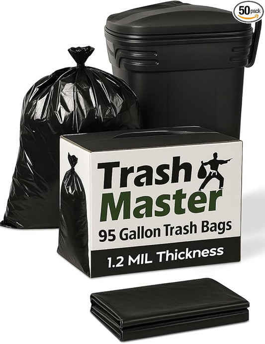 95 Gallon Heavy Duty Trash Bags | 25 Bags w/Ties | Super Large Garbage bags | 1.5 MIL Thickness for Yard, Home and Office Cleanup Disposal - TrashMaster (50)