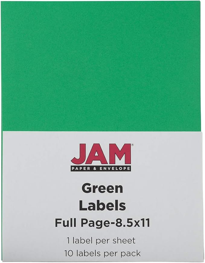 JAM PAPER Full Sheet Shipping Labels - Printable Sticker Paper - 8 1/2 x 11 - Green - 10 Full Pages/Pack