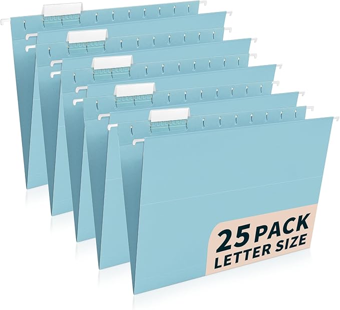 25-Pack Hanging File Folders, Letter Size, Includes 35 Transparent Label Cards & 50 Sticker Labels,1/5-Cut Tabs for Home & Office Organization(Light Blue)
