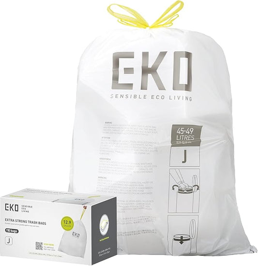 EKO 12.9 Gallon / 45-49 Liter, 110 Count Drawstring Trash Bags, Extra-Strong Unscented Garbage Bags, Easy-Dispense Roll for Kitchen & Household Use, Resists Tears, Leaks and Punctures, Code J, White