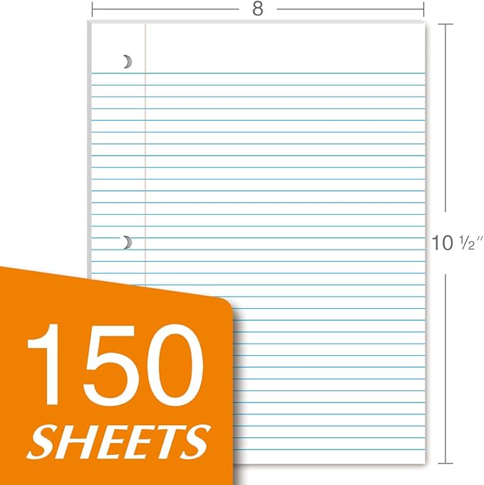 Kaisa Filler Paper Notebook Paper College Ruled 8"x10.5" Loose Leaf Paper for 3-Ring Binders 150 Sheet/pack,12pack (Total 1800 Sheets)