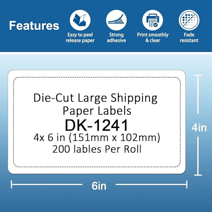 Label KINGDOM Replace for Brother DK-1241 Die-Cut 4" x 6" Large Shipping White Paper Labels (102 mm x 151 mm) 200/ Roll DK Labels for QL-1110NWB Printer (4 Rolls + 1 Detachable Frame)
