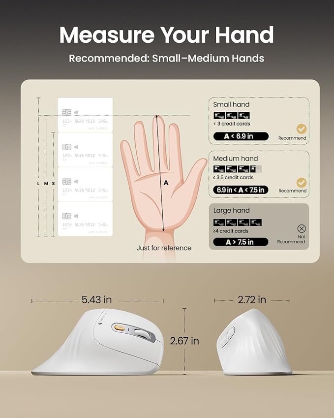ProtoArc Ergonomic Mouse, EM11 NL Wireless Vertical Mouse, Ergo Mouse with Multi-Device, USB-C Rechargeable Mice for Windows, Mac OS, PC/Notebook/Laptop,White