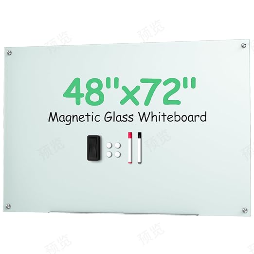 VUSIGN 48" x 72" Glass Dry Erase Board, Magnetie White Boards for Walls, Large Frameless Glass White Board, Minimalist Style, Includes 4 Magnets, 2 Markers, and 1 Eraser for Classroom, Home, Office