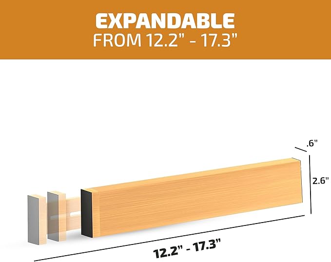 4 Pack Drawer Divider - Bamboo 2.6" High, 12.5-17" Adjustable Drawer Organizers for Clothes, Expandable Dresser Separators in Bedroom, Bathroom, Kitchen, Office Organization and Storage