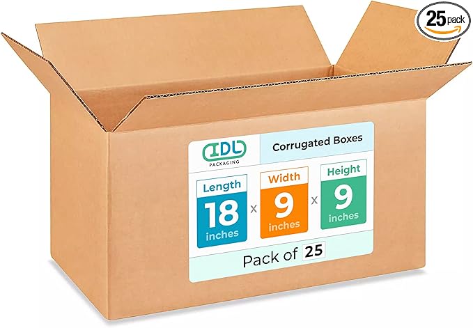 Long Moving & Shipping Boxes 18"L x 9"W x 9"H (25-Pack) - Extra Strength 200 lb vs Regular - Corrugated Packing Boxes for Moving - Durable Box for Shipping - Cardboard Box by IDL Packaging