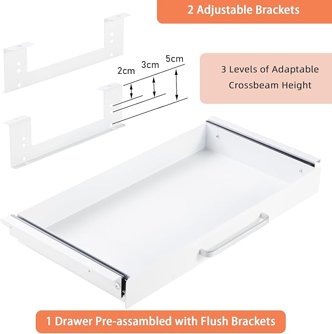 Under Desk Drawer Organizer 21" White Upgrade with Adjustable Brackets, Sliding Pull-Out Under Table Pencil Drawer, Office Standing Desk Attachment for Workbench