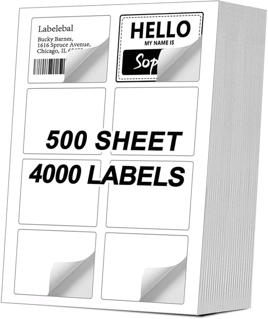 (4000 Labels/500 Sheets) Self Adhesive Name Tag Stickers, 8 Labels per Sheet, A4 Stickers 3-3/8" x 2-1/3" for Inkjet/Laser Printers, White Sticker Shipping/Mailing Labels,